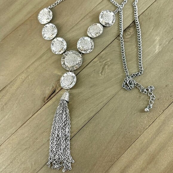 Artsy Sunflower Tassel Necklace Silver Tone Adjustable Length - Picture 4 of 4